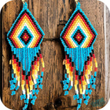 Blue Red Mix Aztec Diamond Fringe Drop Seed Bead Earrings-Western-Navajo