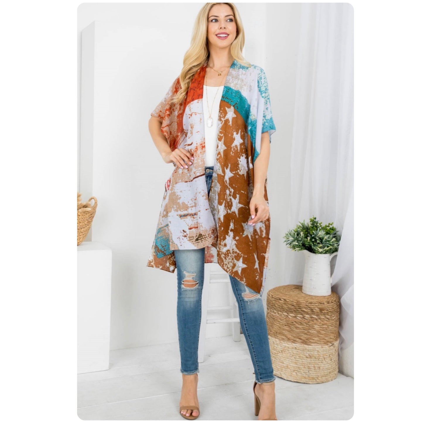 Ashlyn’s American Pride Theme Turquoise Rust Vintage Toned Kimono-Cardigan