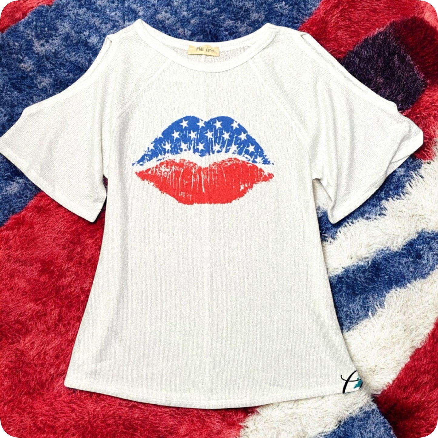 American Pride Crazy Cute American Flag Lips Cold Shoulder Top