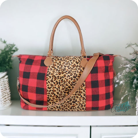 Gotta Get It! Red Buffalo Plaid with Leopard Mix Huge XL Weekender Bag-Tote Bag-Purse
