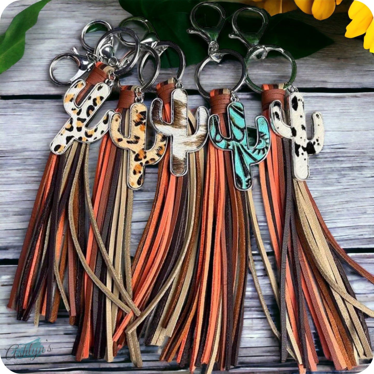 Ashlyn’s Leather Tassel Cactus Charm Keychains-Purse Charm