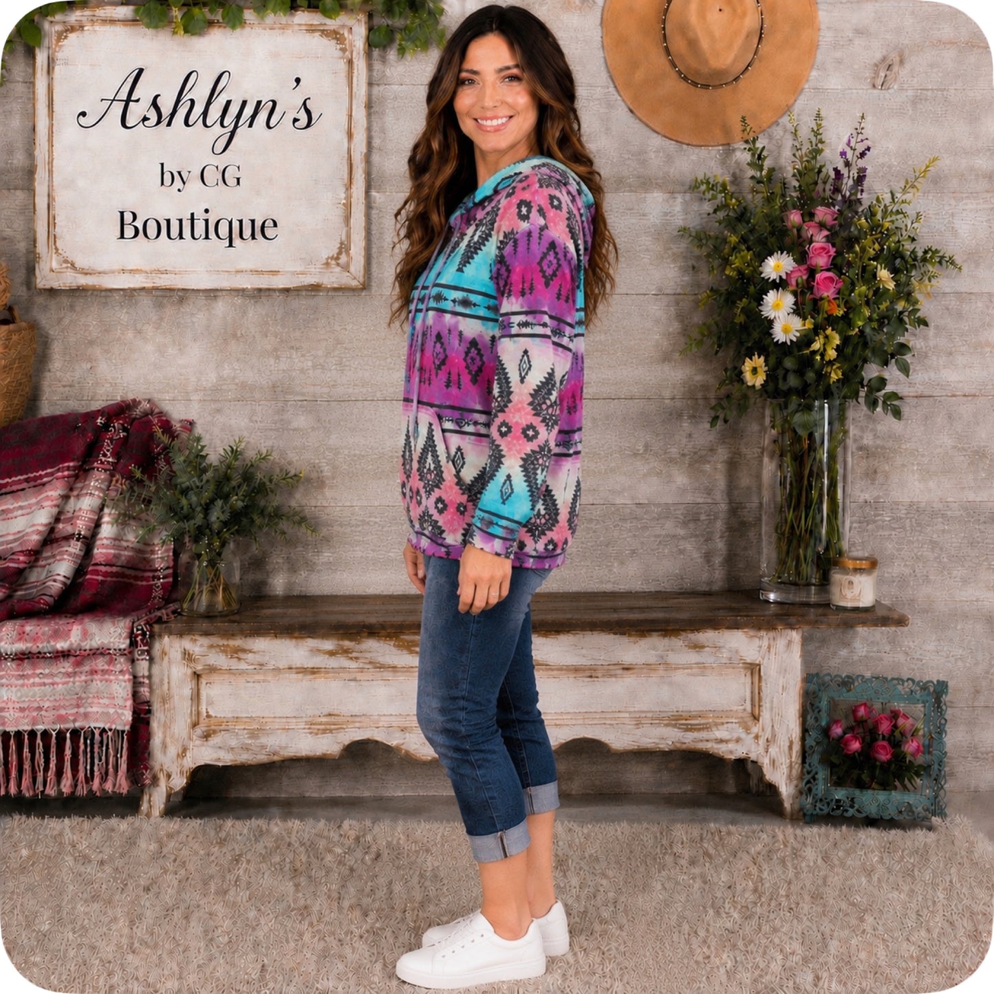 Fall Approved Jade/Magenta Aztec Print French Terry Kangaroo Pocket Hoodie-Hooded Sweater Top