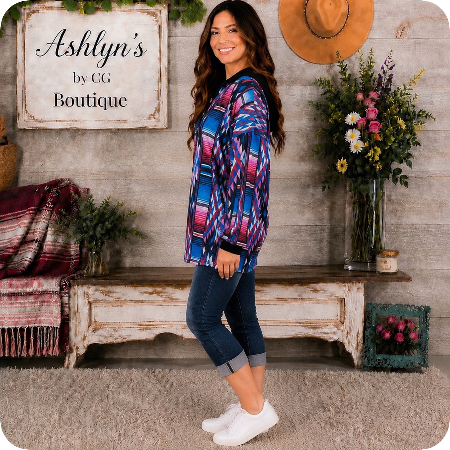 Aztec Color Block Blue Pink Hacci Henley Hoodie