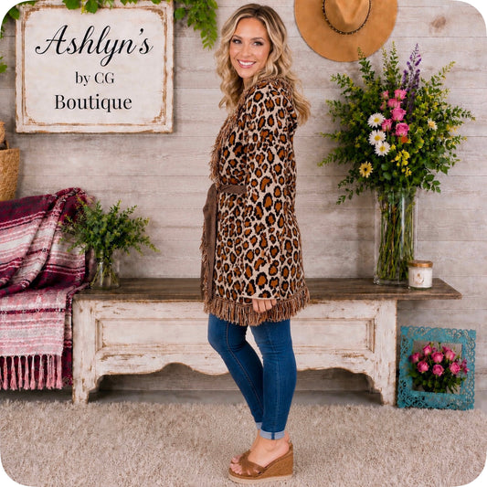 Sassy to Classy Fringe Trim Belted Leopard Cardigan