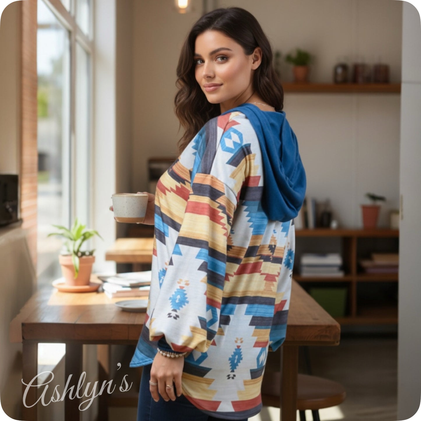Aztec Blue Colorblock Mix Hacci Henley Hoodie-Hooded Sweater Top