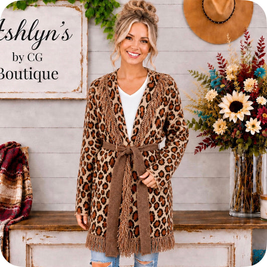 Sassy to Classy Fringe Trim Belted Leopard Cardigan