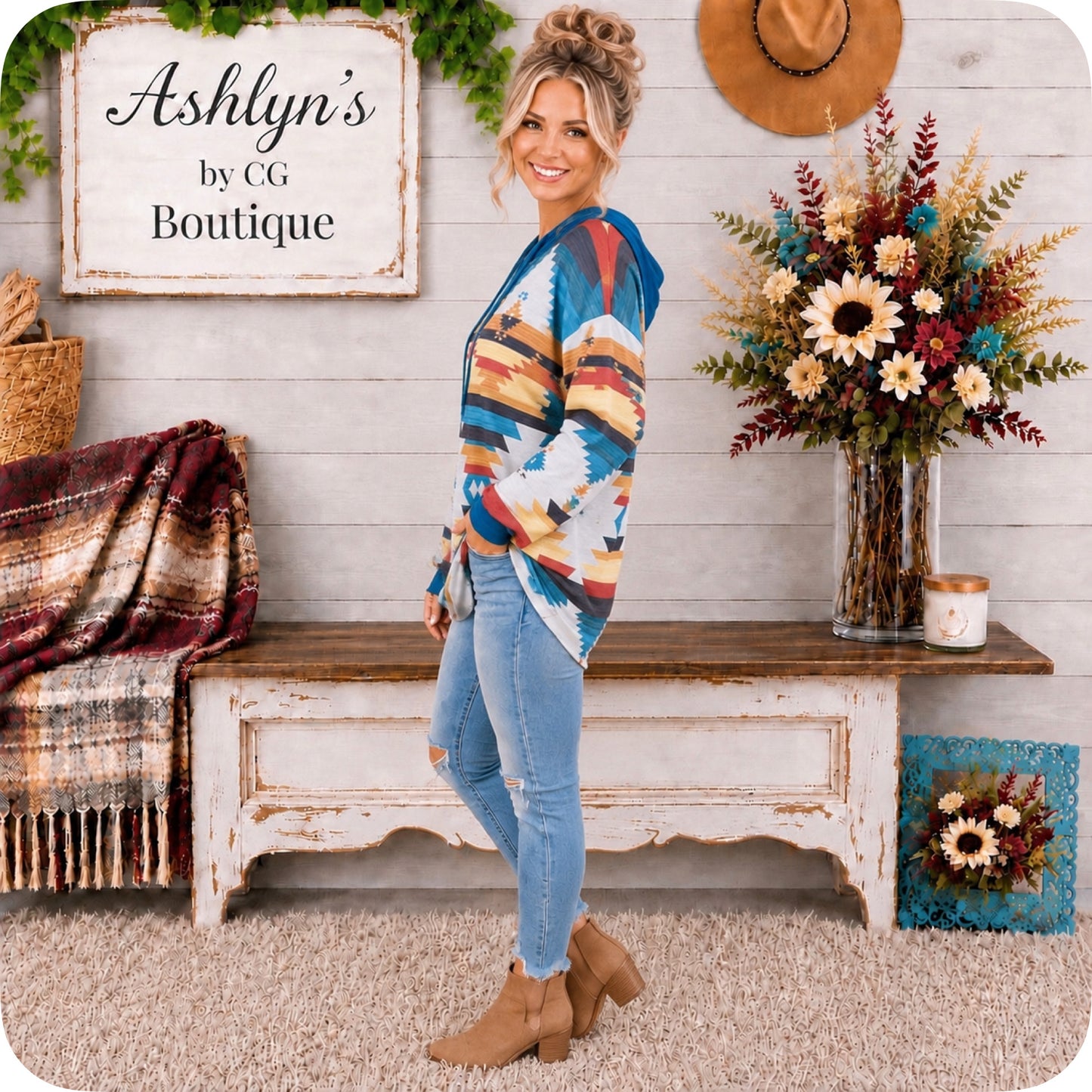 Aztec Blue Colorblock Mix Hacci Henley Hoodie-Hooded Sweater Top