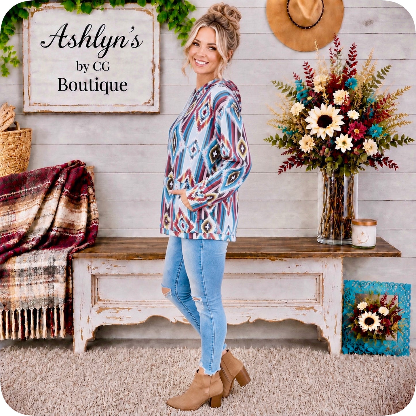 Aztec Turquoise Grey Mix Kangaroo Pocket Hooded Top-Hoodie