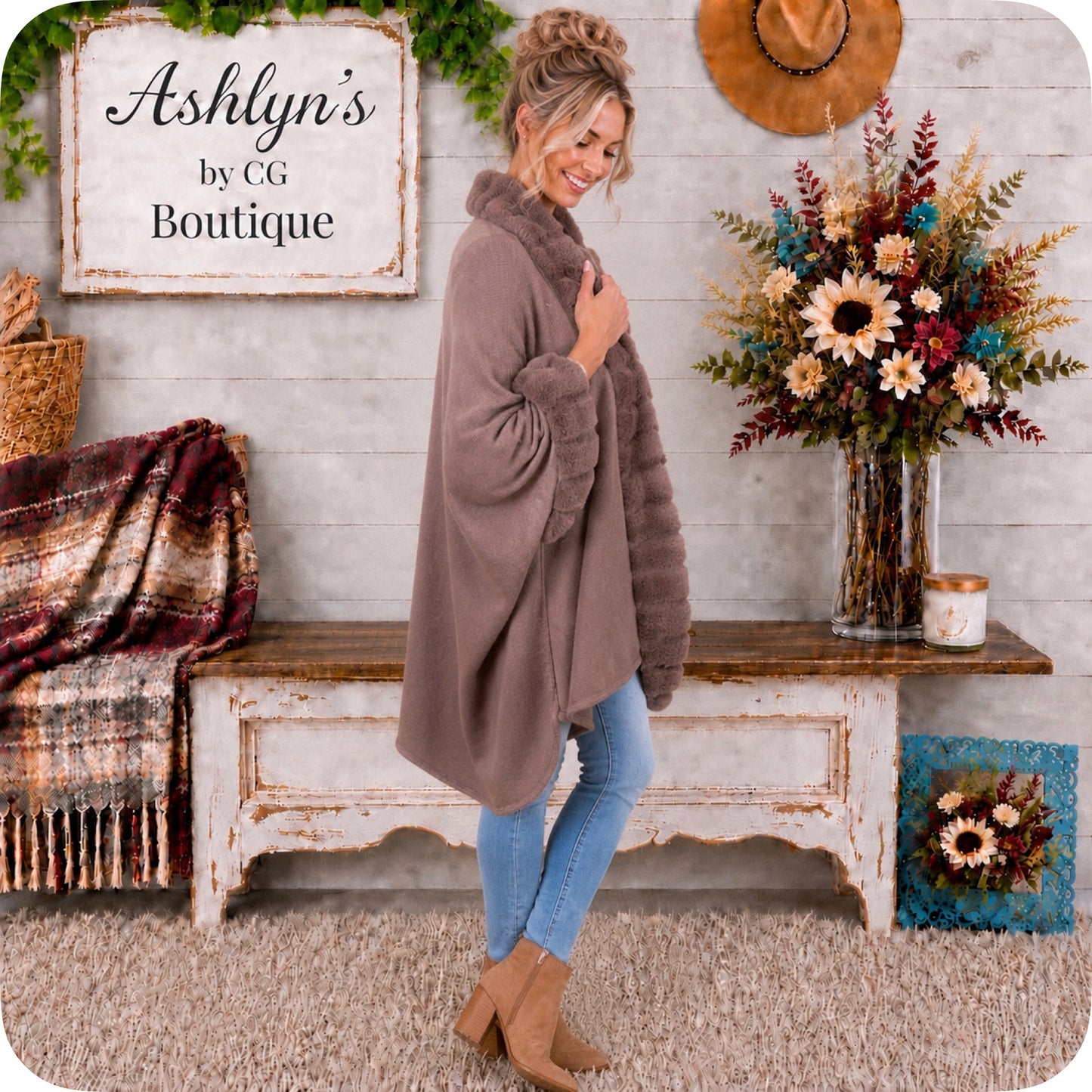 Classy Plush Faux Fur Trim Mocha Cape-Coat-Poncho-Wrap