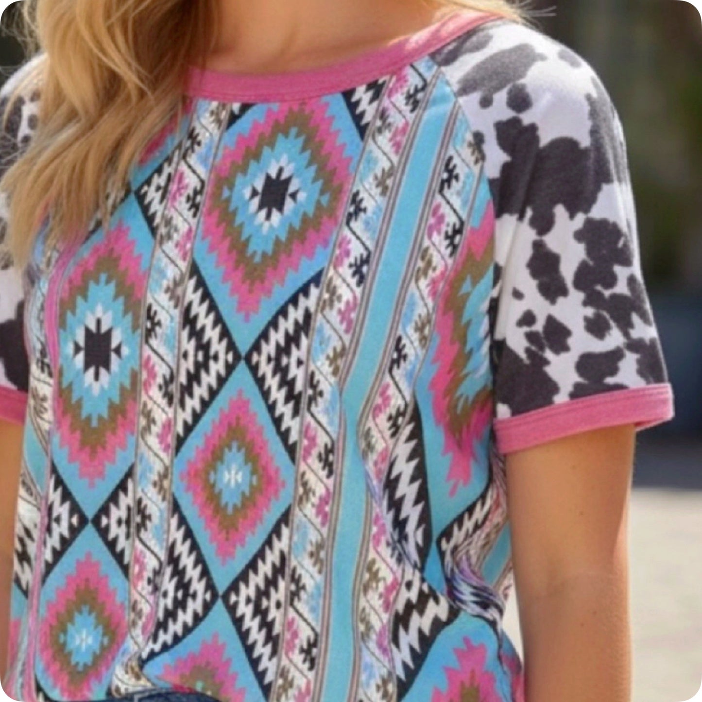 Splash of Fun Aztec Serape Blend Tunic Top with Cow Print Sleeves