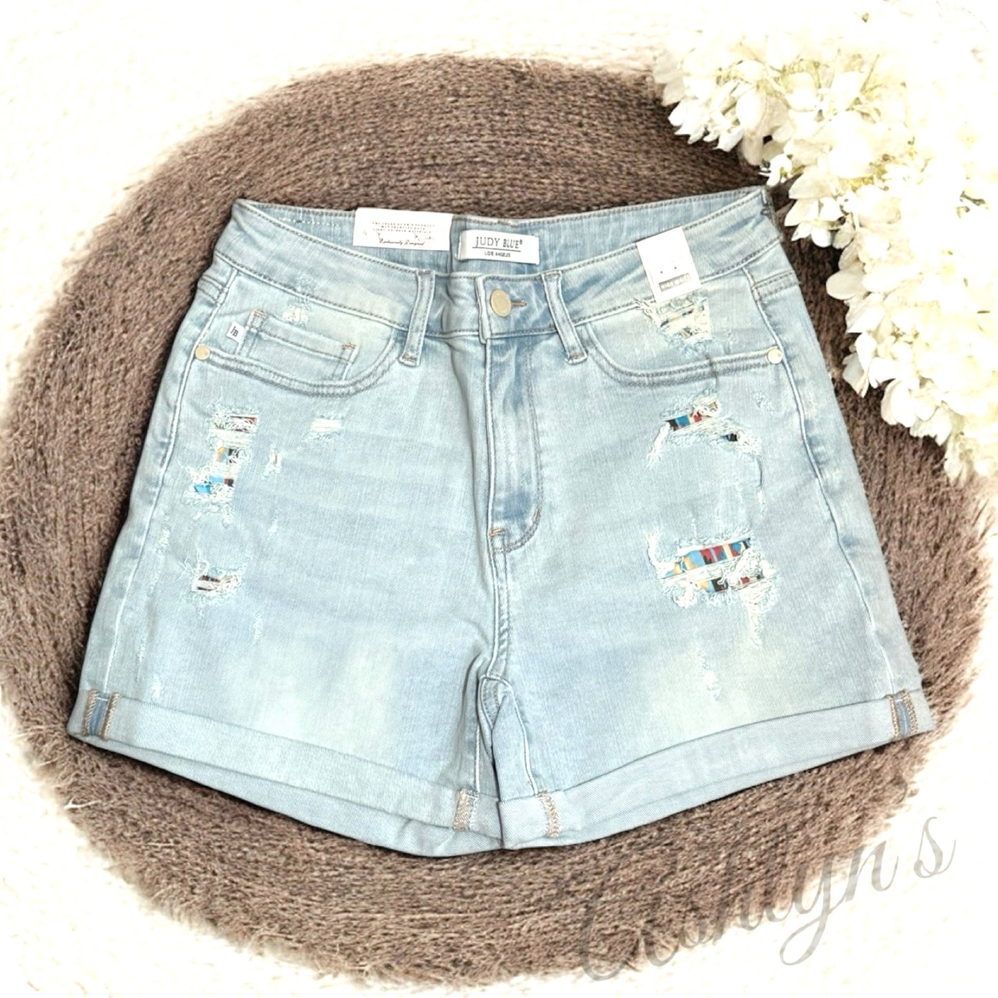 JUDY BLUE High Rise Cuffed Serape Lined Frayed Shorts-Summer Comfort