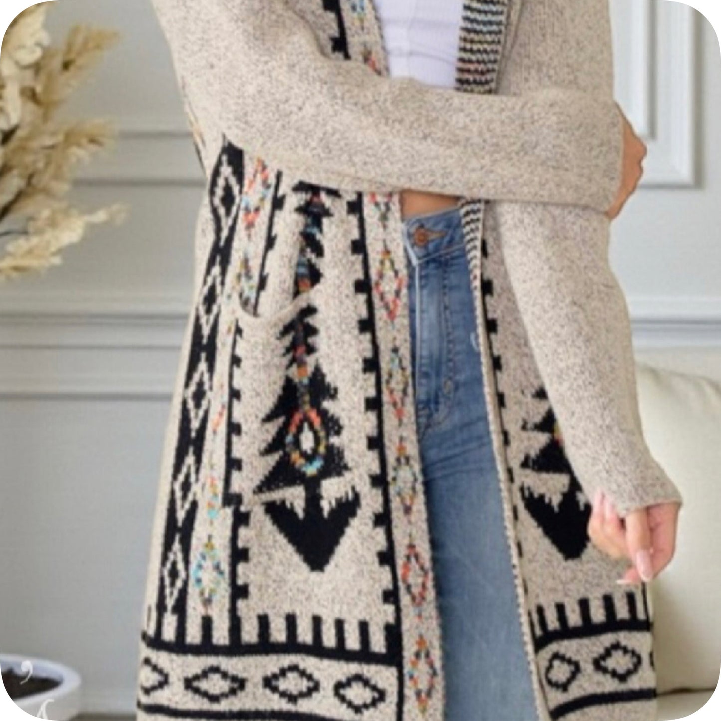 Boho Asymmetric Print Long Beige Hooded Cardigan-Aztec Sweater-Duster-Oatmeal