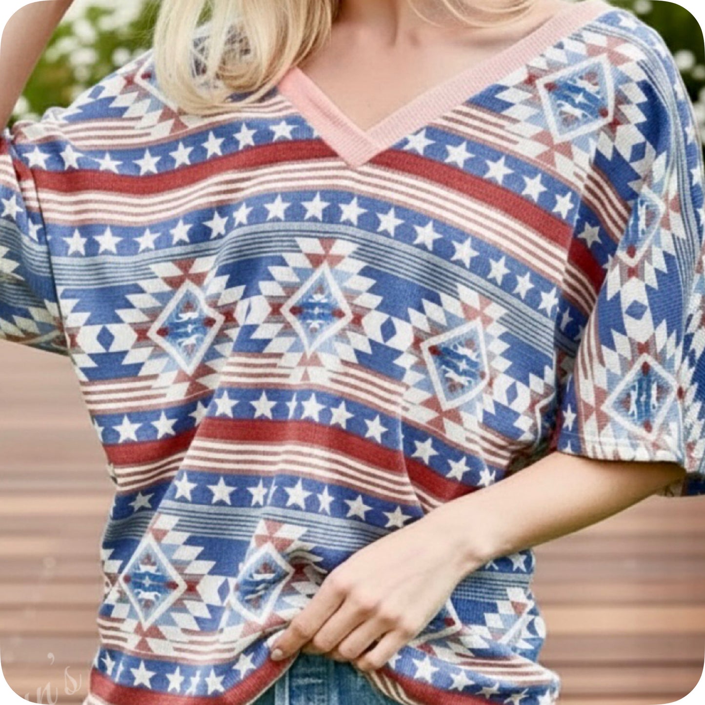 Ashlyn’s American Pride Aztec Star Mix Dolman Top