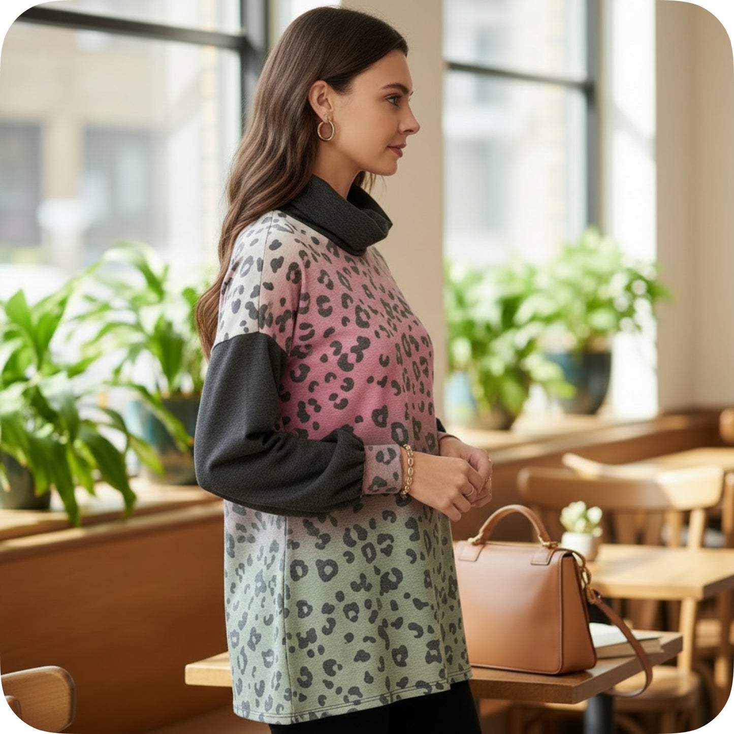 Insanity Closeout! Adorable Cowl Neck Face Wear Magenta Leopard Sweater Top!