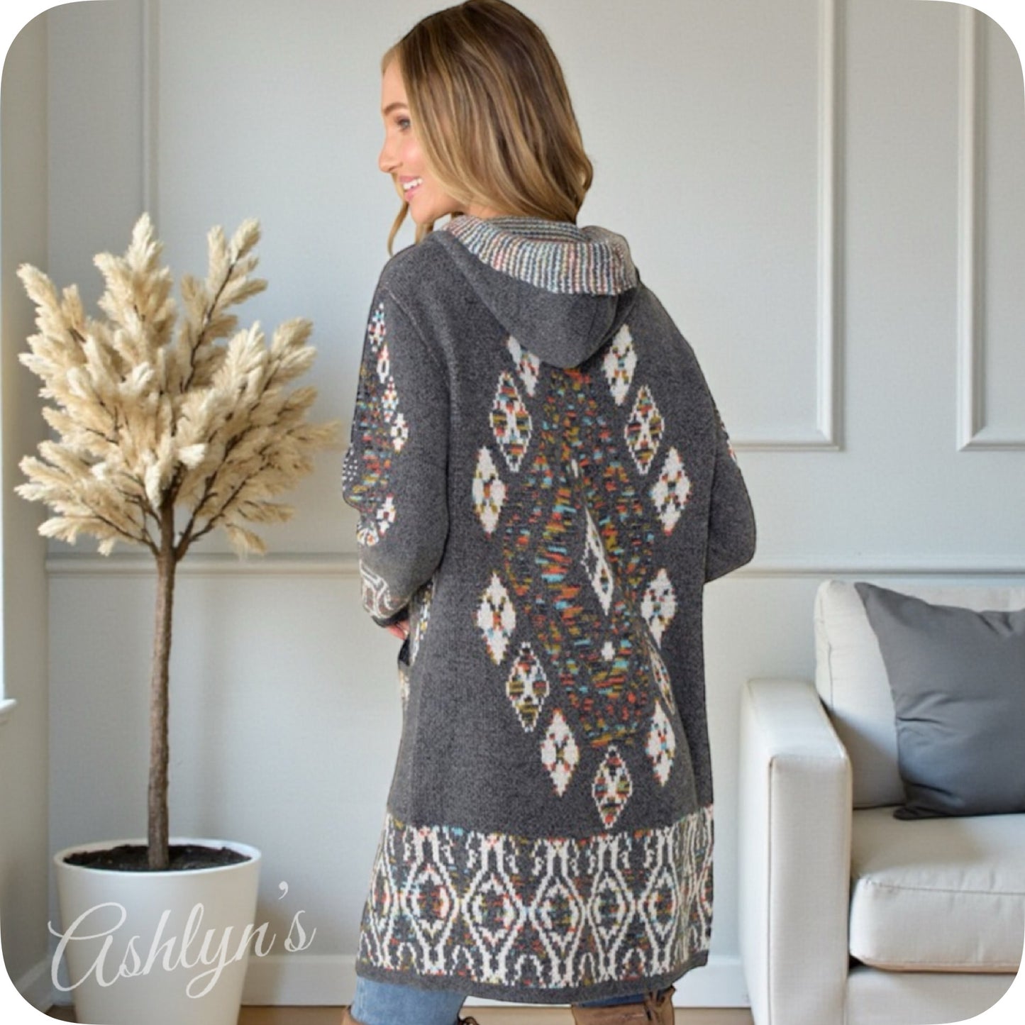 Boho Asymmetric Print Gray Hooded Cardigan-Aztec Sweater-Duster-Grey