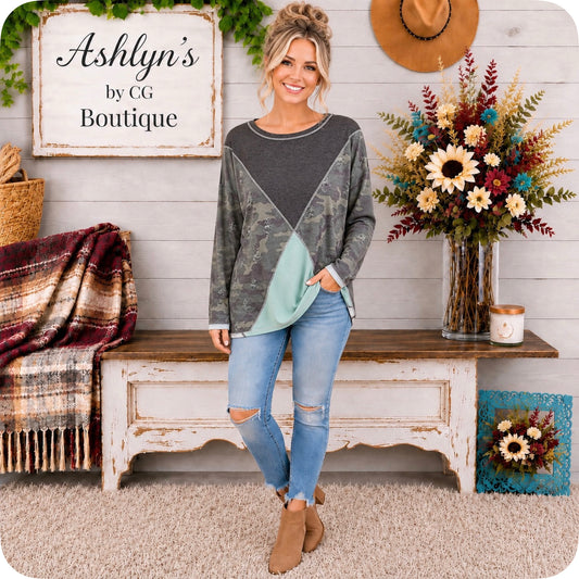 Fall Ready Charcoal Sage Distressed Camo Sweater Top