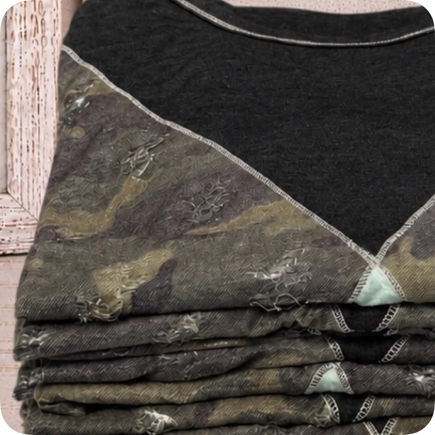 Fall Ready Charcoal Sage Distressed Camo Sweater Top