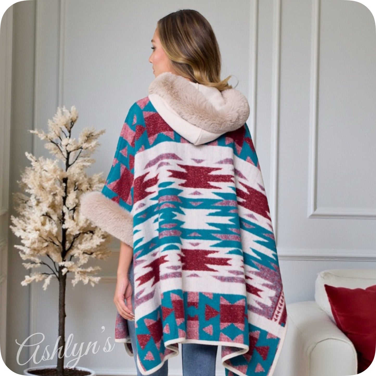 Classy Hooded Turquoise Burgundy Mix Aztec Print Taupe Faux Fur Trim Cape-Navajo Wrap-Poncho
