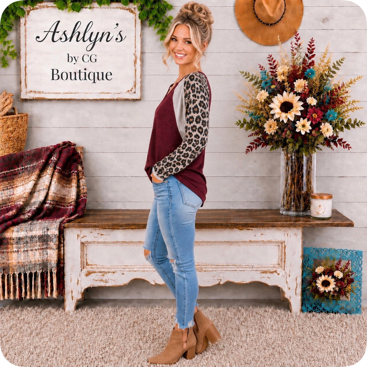 Cozy Time Leopard Color Block Burgundy Sweater Top