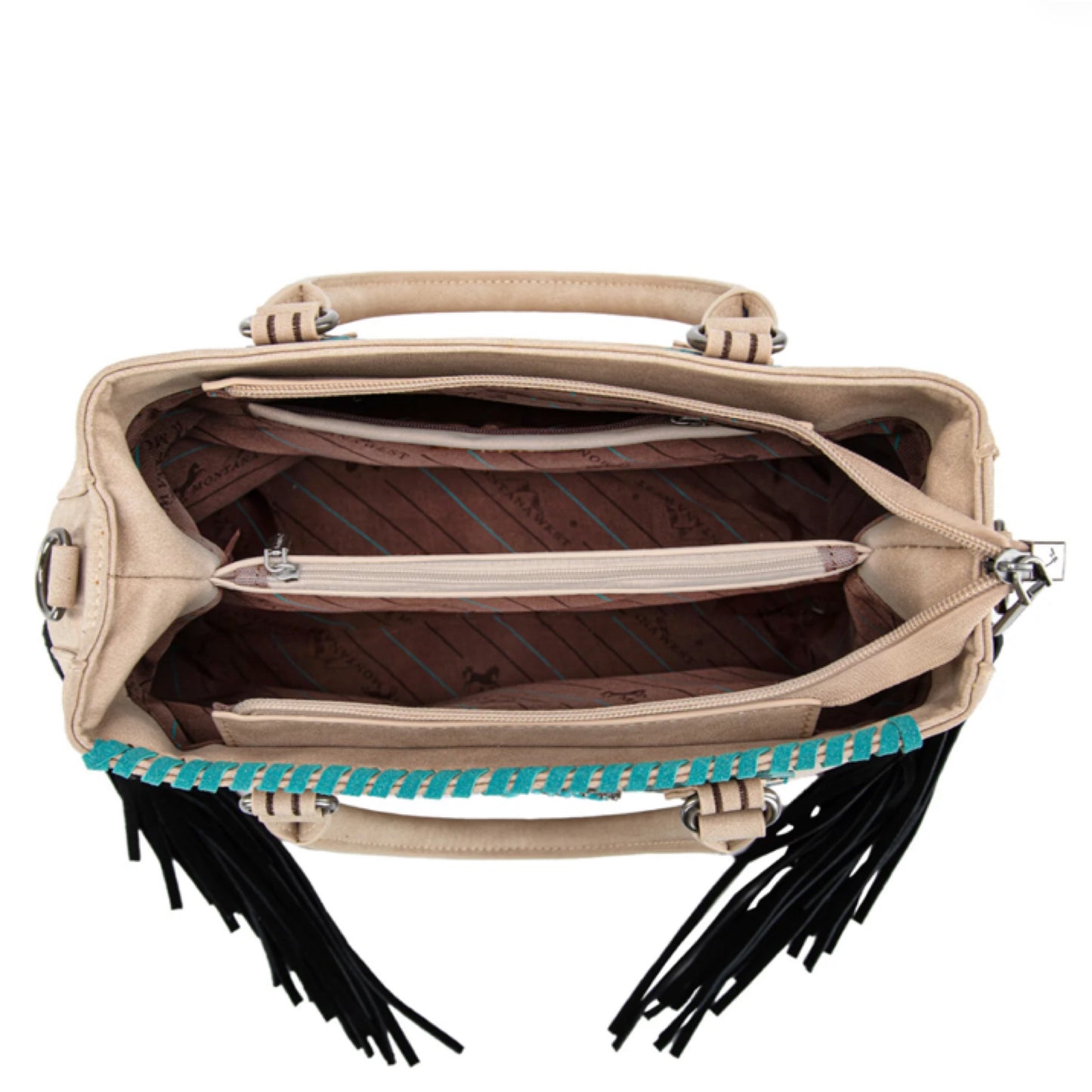 MONTANA WEST Turquoise Concho Fringe Detail Tan Black Crossbody Tote-Bag-Purse