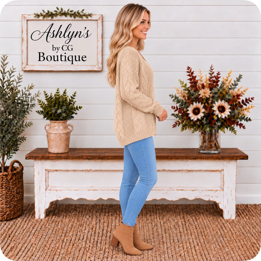 Cozy Twist Knit Taupe V Neck Sweater