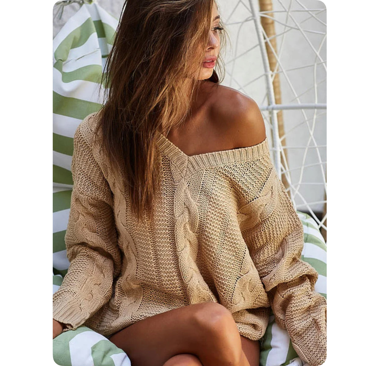 Cozy Twist Knit Taupe V Neck Sweater