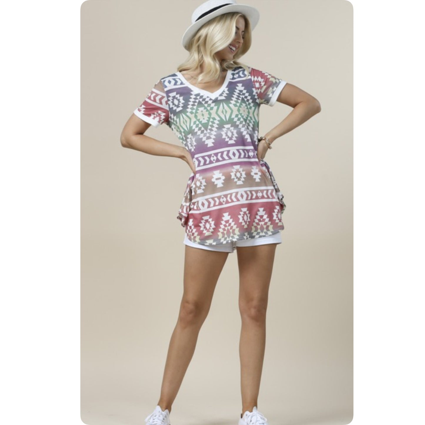 Multi Tone Aztec V Neck Zoey Tunic Top