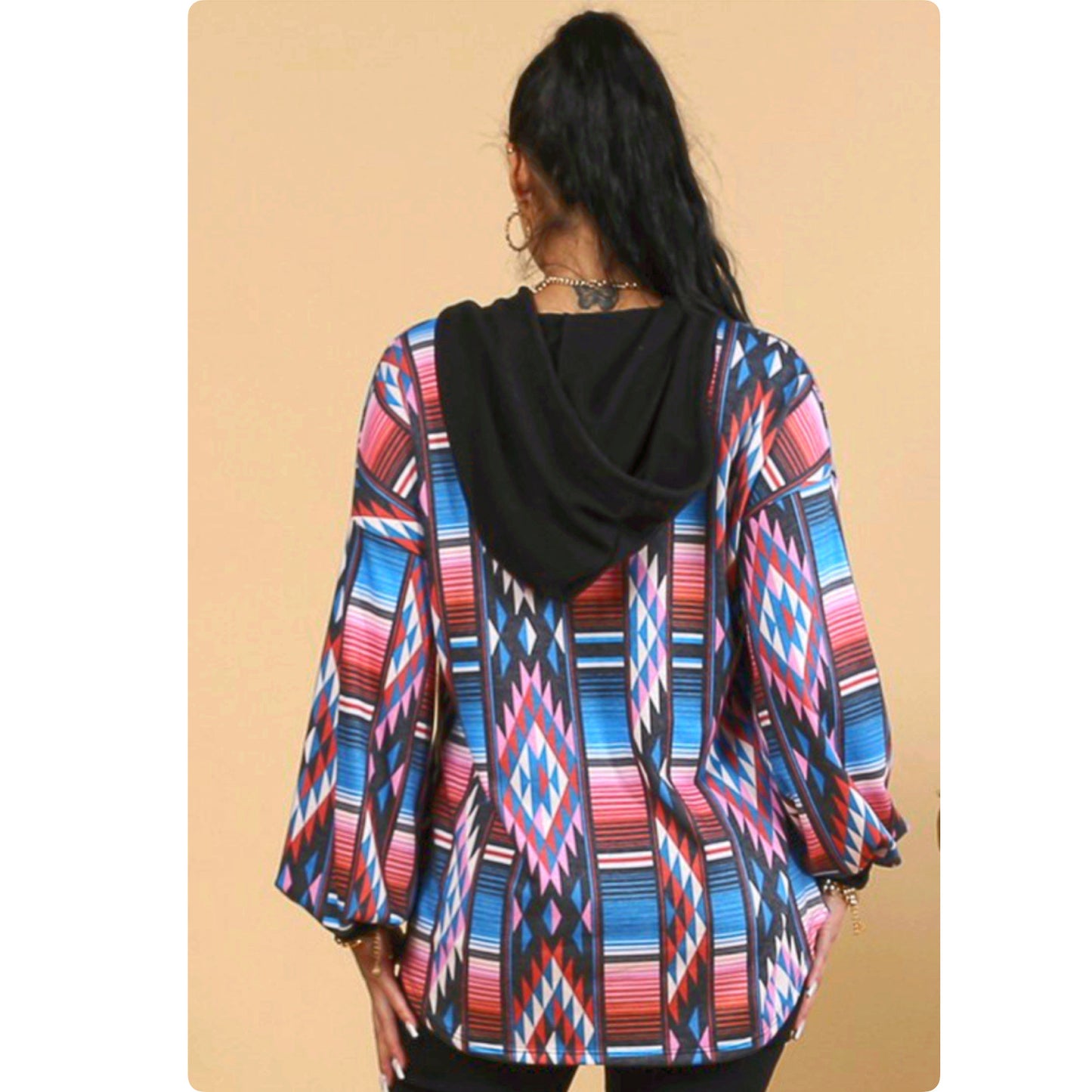 Aztec Color Block Blue Pink Hacci Henley Hoodie
