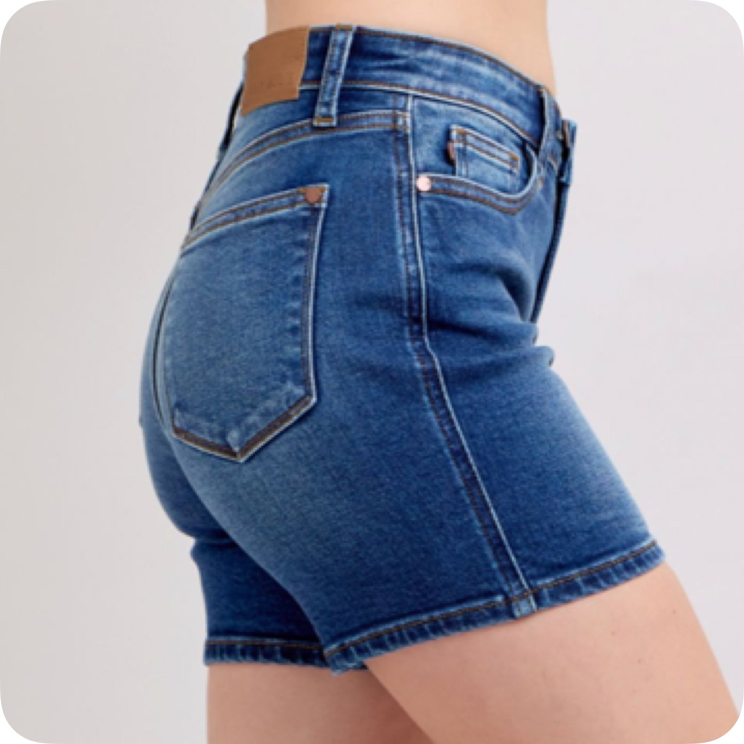 JUDY BLUE 2 Button Mid Length Dark Denim Dad Shorts