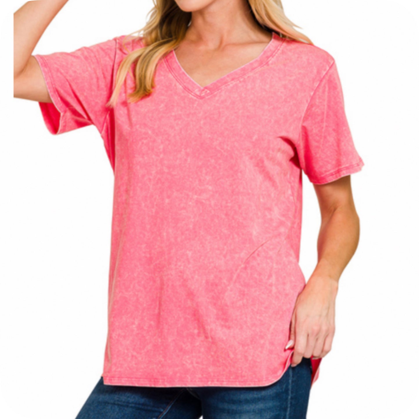 ZENANA Washed Classic V Neck Short Sleeve Tunic Top