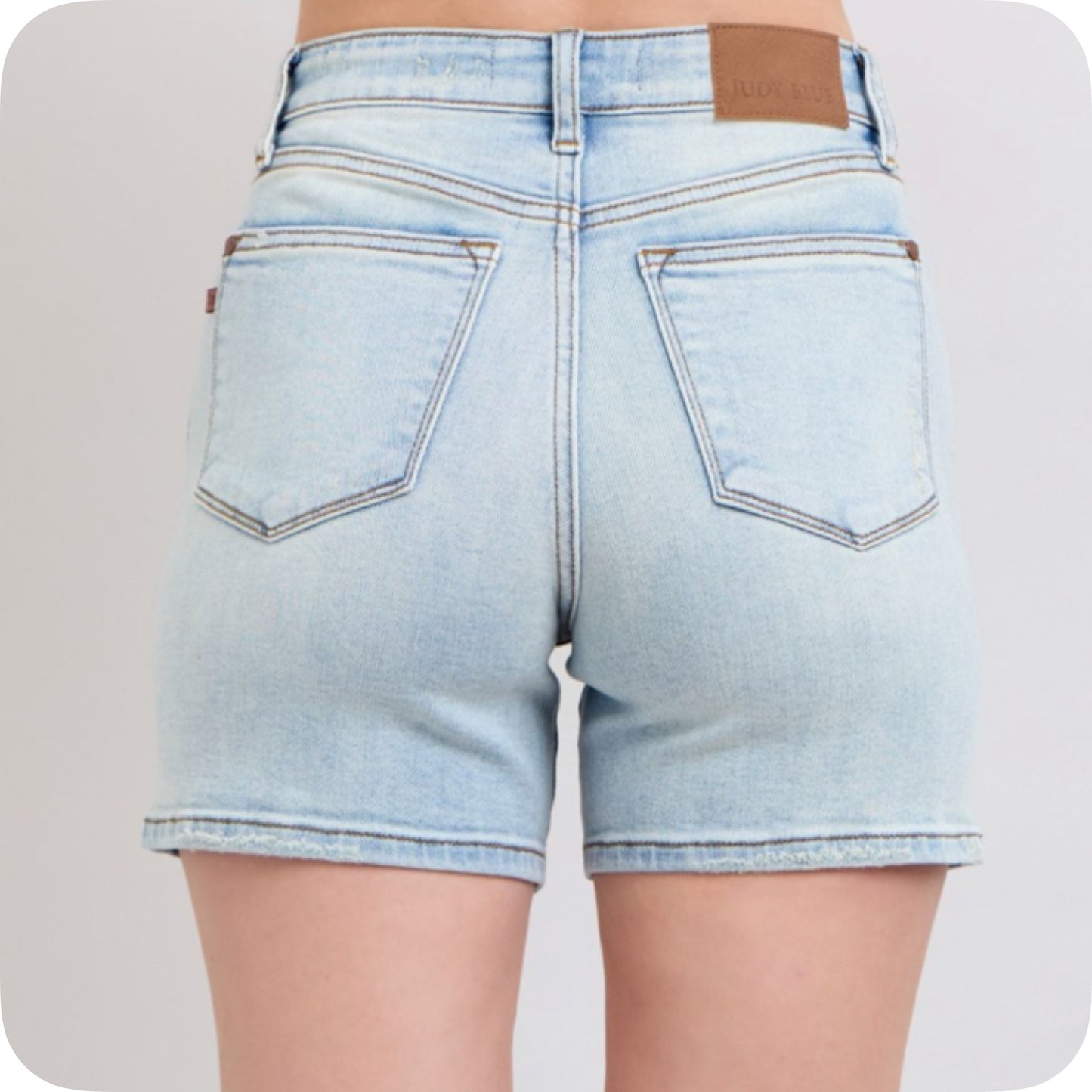 JUDY BLUE 2 Button Mid Length Light Denim Dad Shorts
