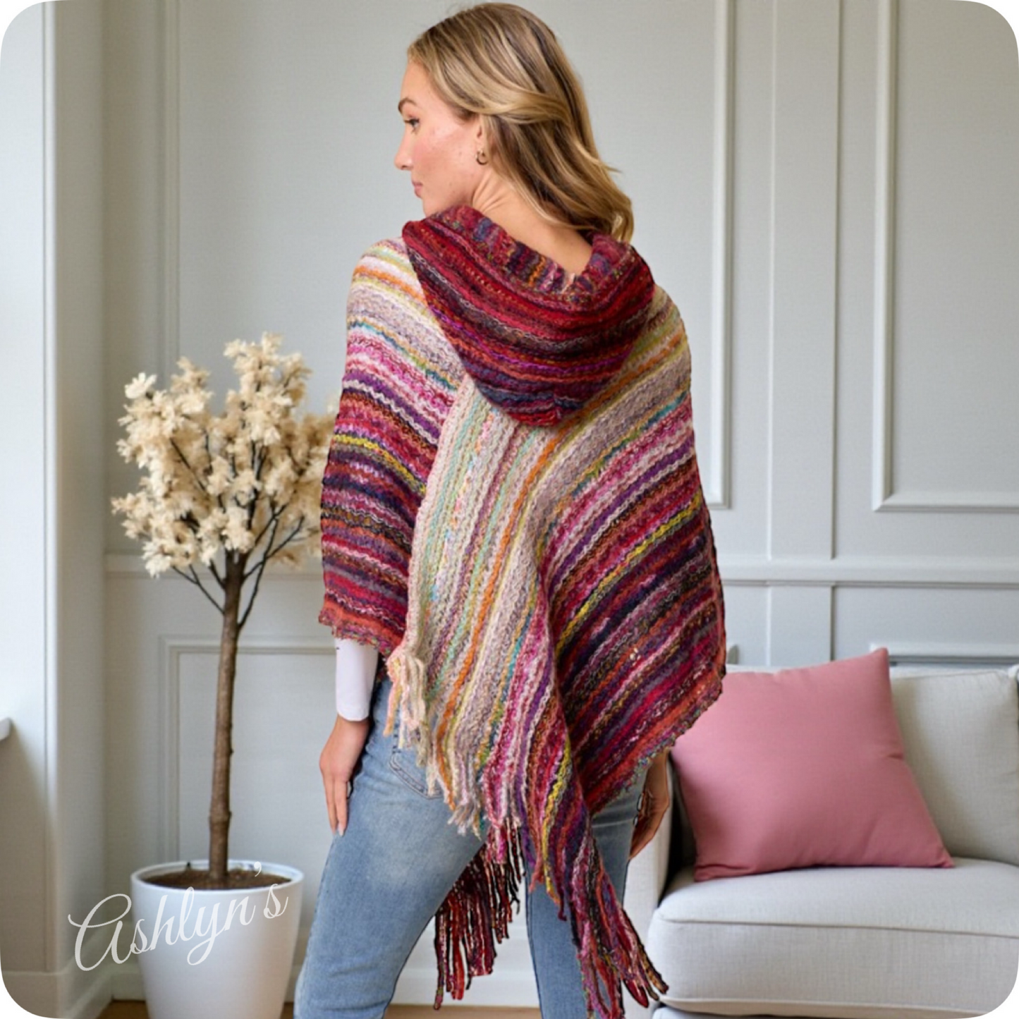 Casually Classy Multi Burgundy Pink Color Mix Hooded Knit Poncho-Sweater