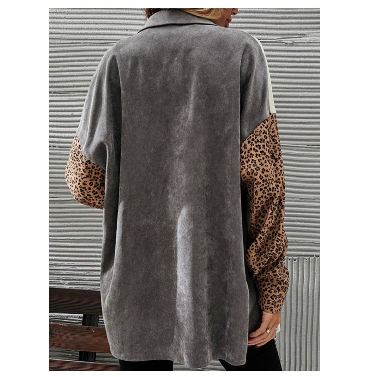 Ashlyn’s Gray and Leopard Color Block Silky Corduroy Shacket-Women’s Top-Jacket