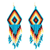 Blue Red Mix Aztec Diamond Fringe Drop Seed Bead Earrings-Western-Navajo