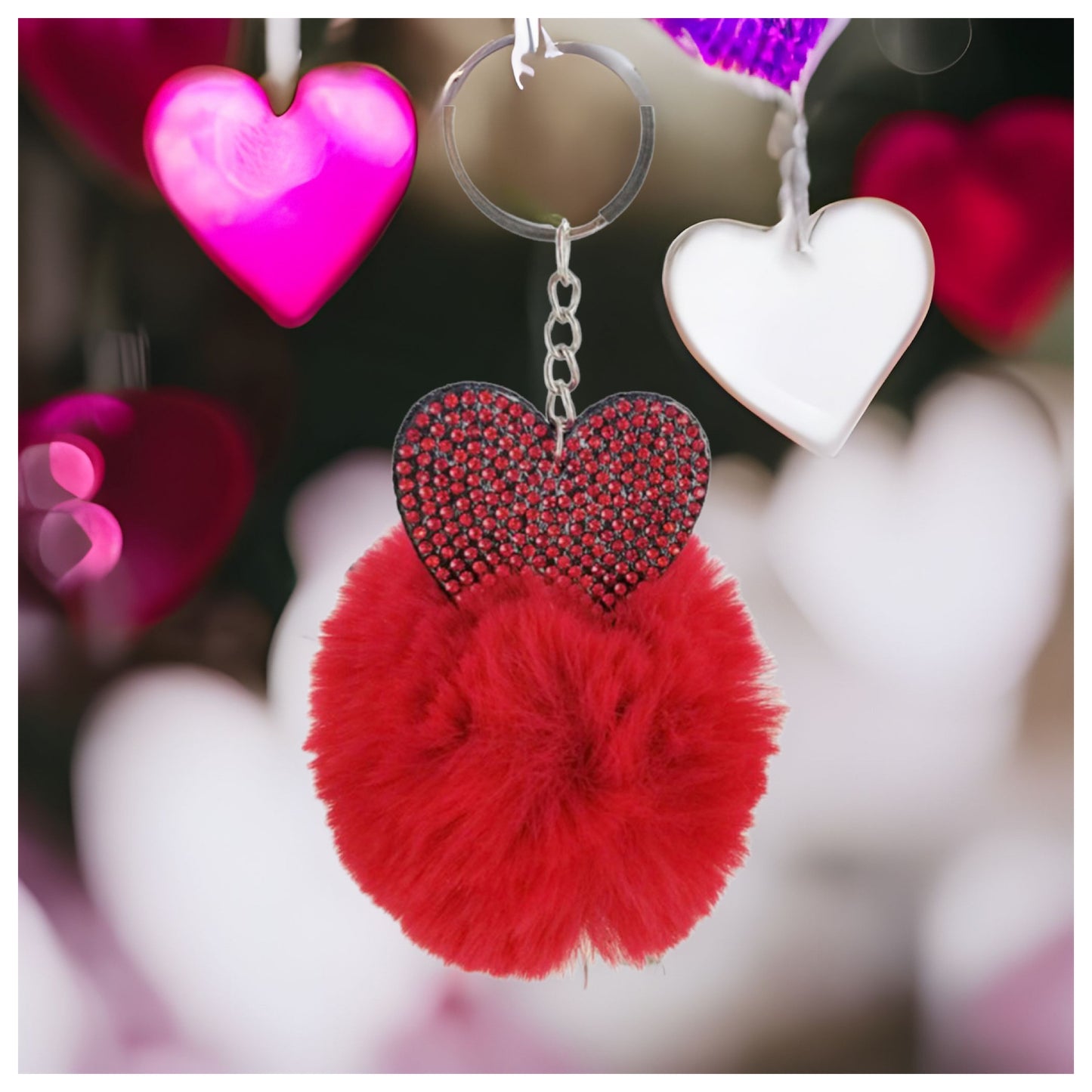Red Crystal Heart Puffy Puff Ball Keychain,Purse Charm