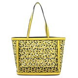 2 in 1:  Laser Cut Out Yellow Faux Leather Shopper and Leopard Cross Body Bag-Purse-Tote