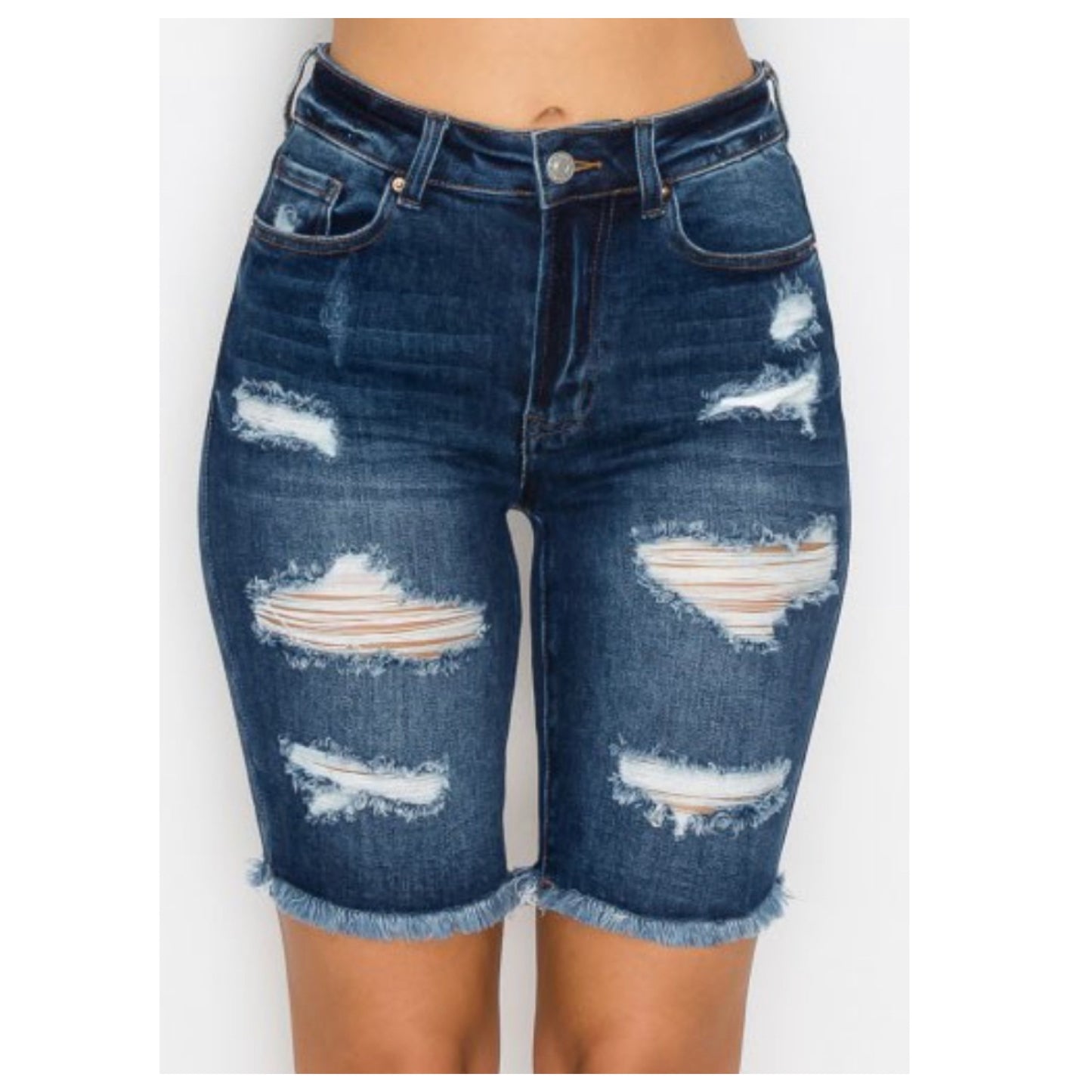 Crazy Cozy Dark Blue Denim Destroyed Bermuda Shorts