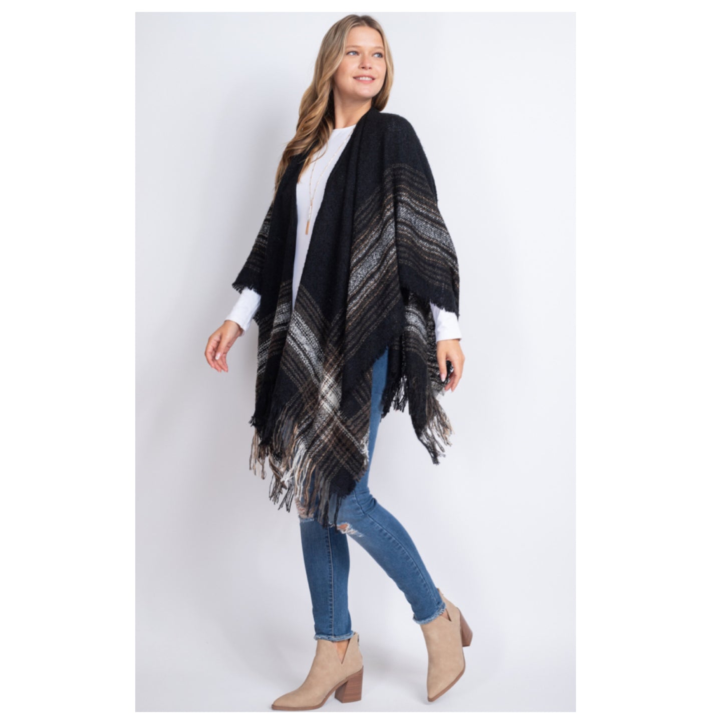 Crazy Cozy Multi Plaid Fringe Trim Black Ruana Shawl