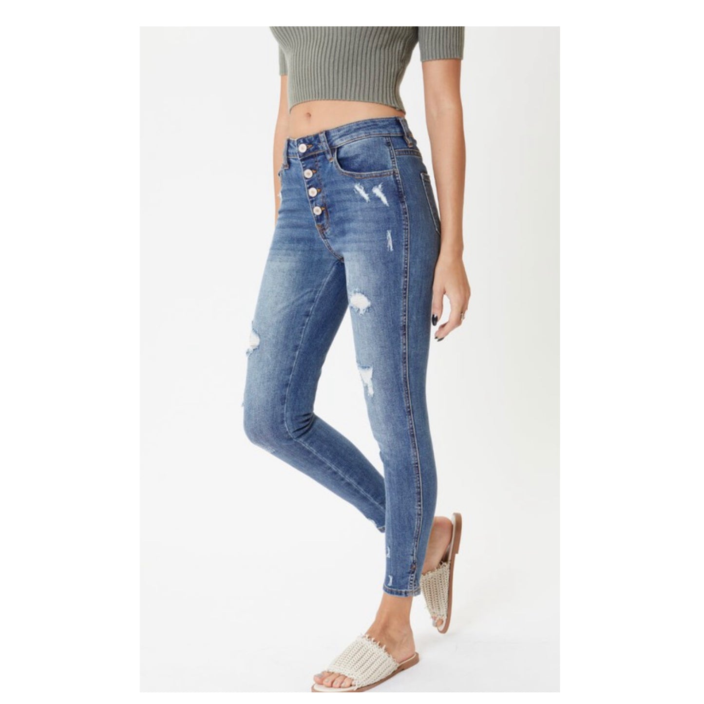 Cozy Cute Distressed Button Fly Blue Denim KANCAN Jeans