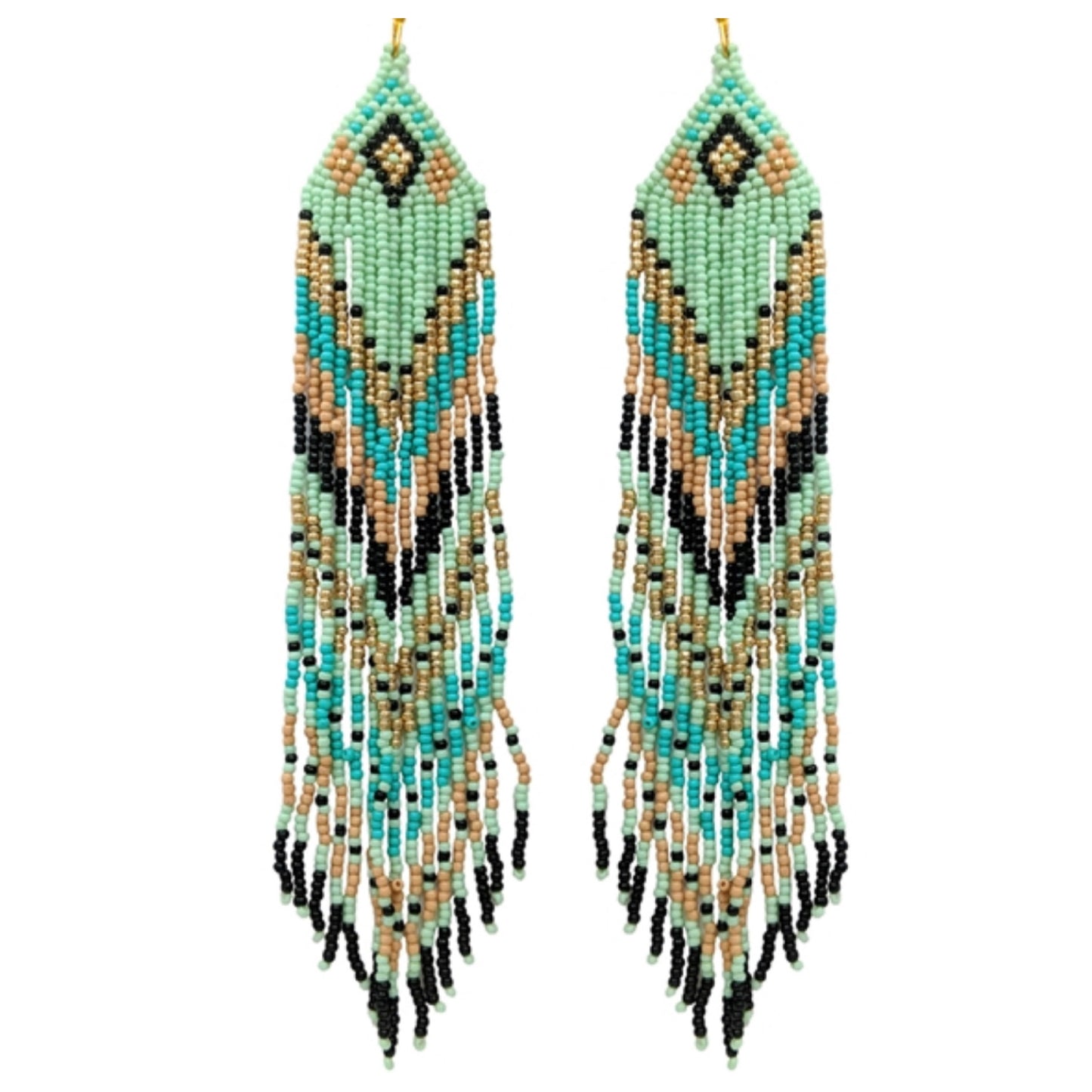 Ashlyn’s Mint Tan Mix Aztec Fringe Drop Seed Bead Earrings-Western-Navajo
