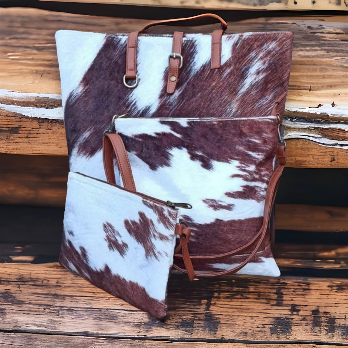 Round Em’ Up-Jennifer Tan Cowhide Print Tote-Cross Body Bag and Clutch 3pc Set
