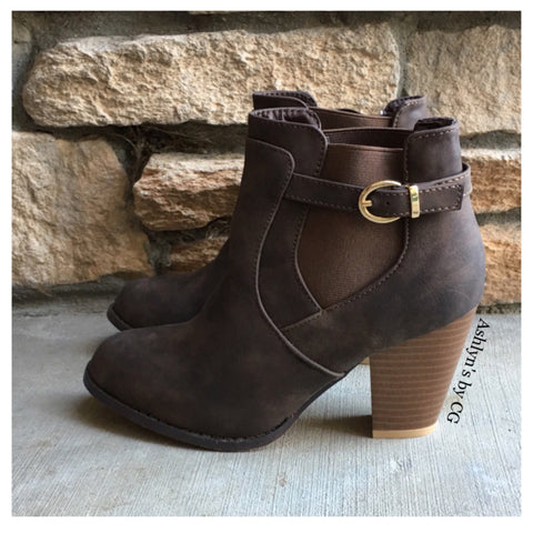 "Style and Flare" Always Faithful Buckle Detail Brown Heel Bootie Boots