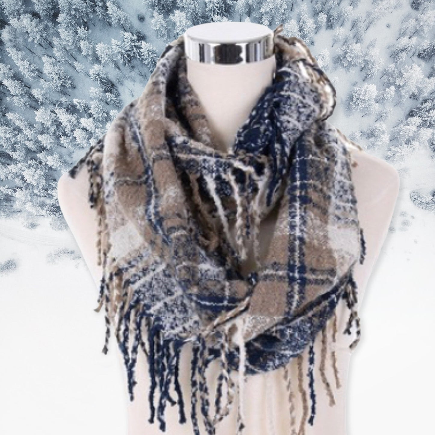 Chenille Soft Blue Beige Plaid Fringe Infinity Scarf