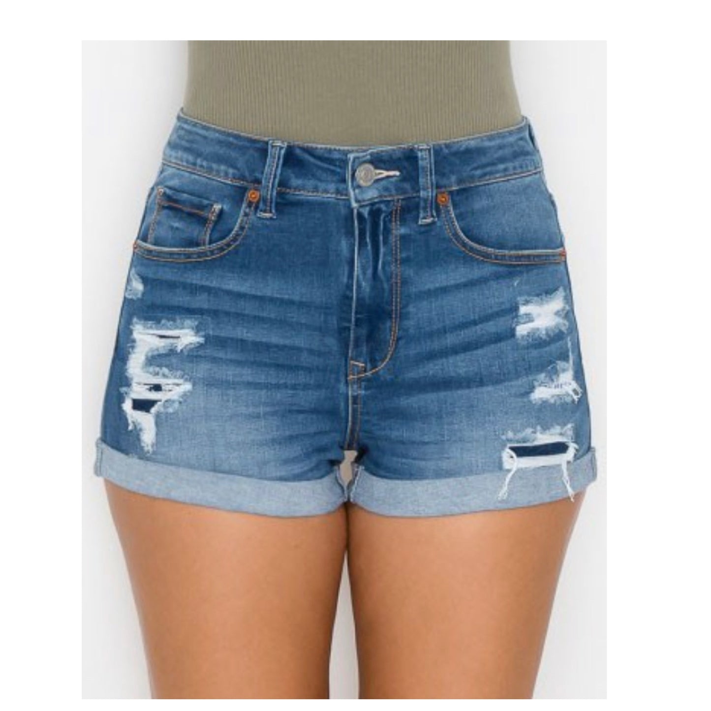 Classic Cozy High Rise Distressed Medium Denim Shorts