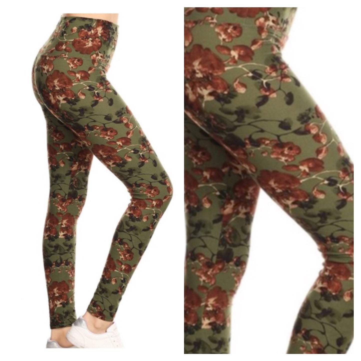 “A Touch of Heaven" Olive Floral Print Leggings
