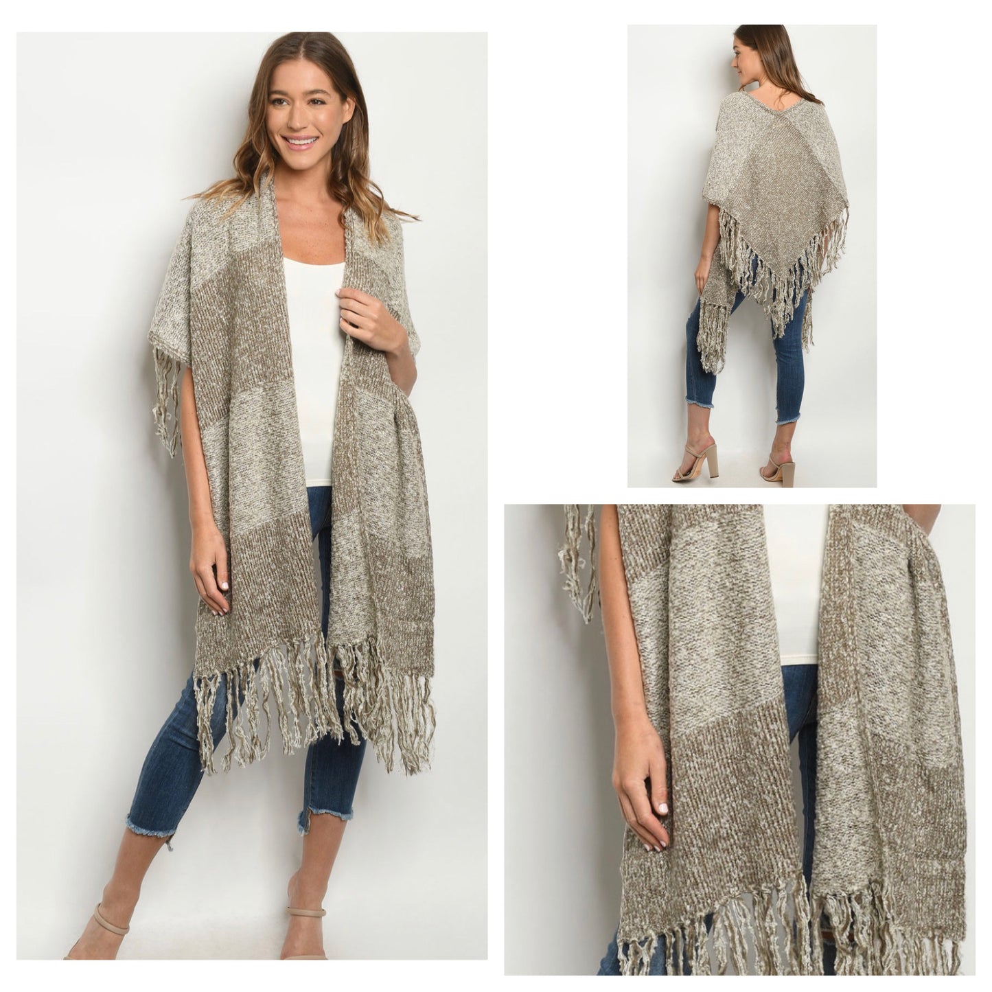 Classy Pepper Knit 2-Tone Taupe Fringe Trim Poncho-Shawl-Kimono-Womens