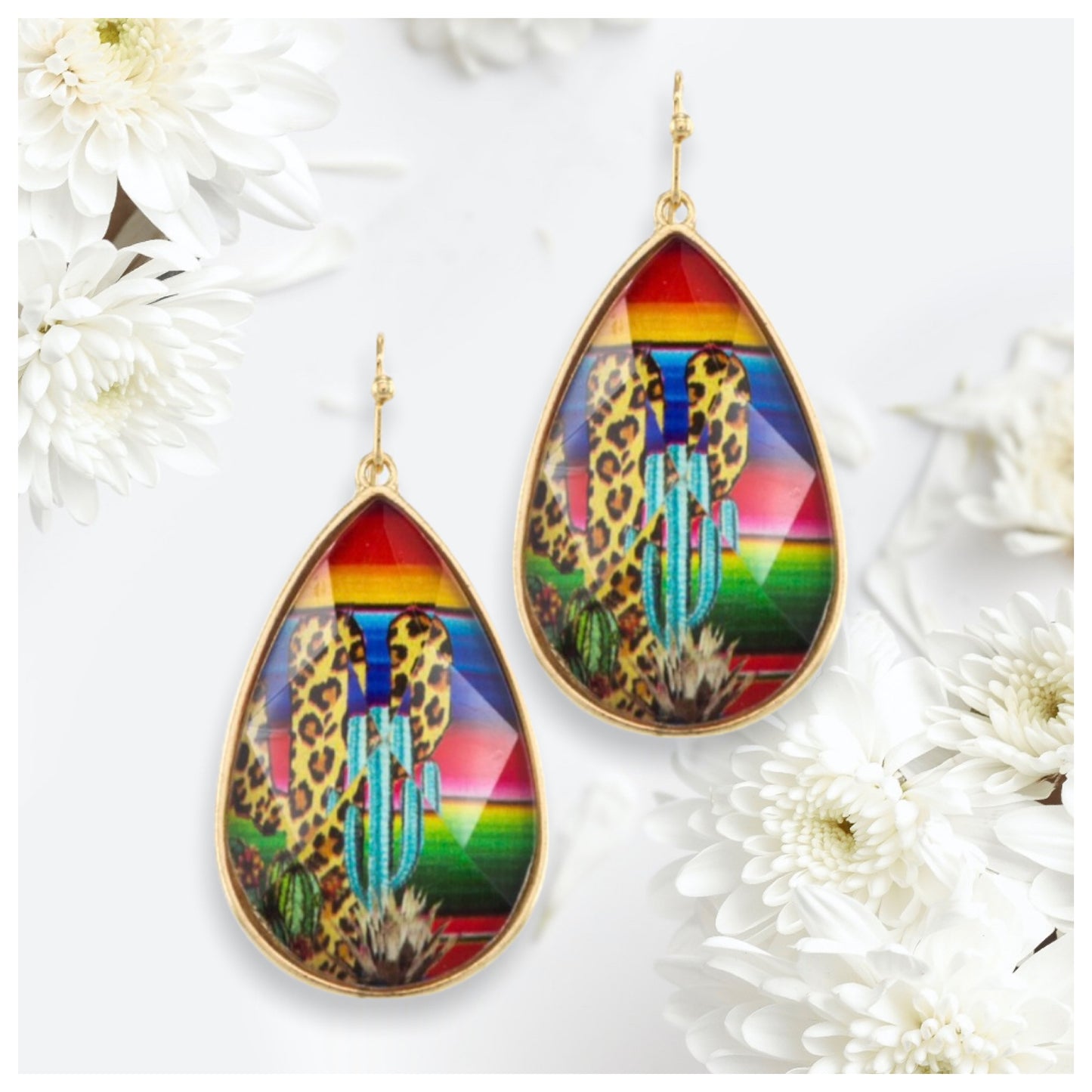 Vibrant Serape and Cactus Teardrop Earrings