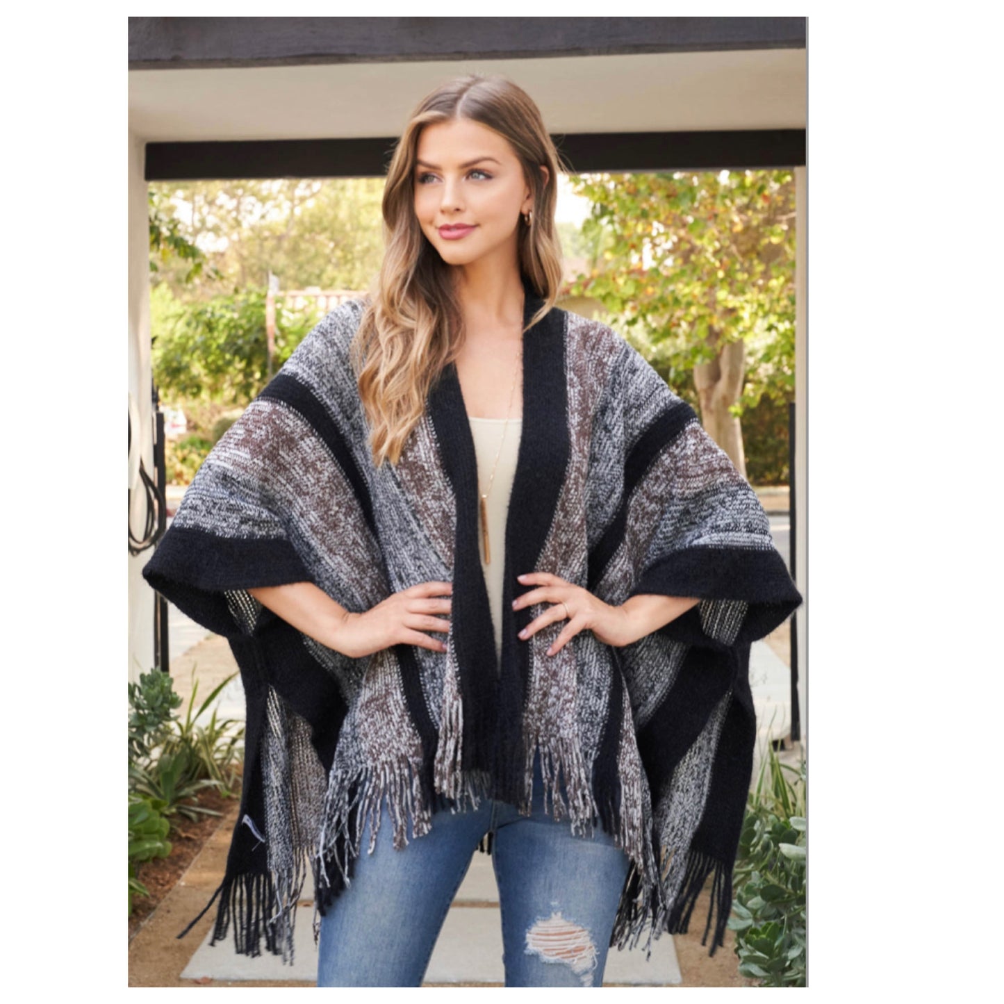 Darling Black Brown Gray Knit Fringe Trim Ruana-Women’s-Poncho-Shawl