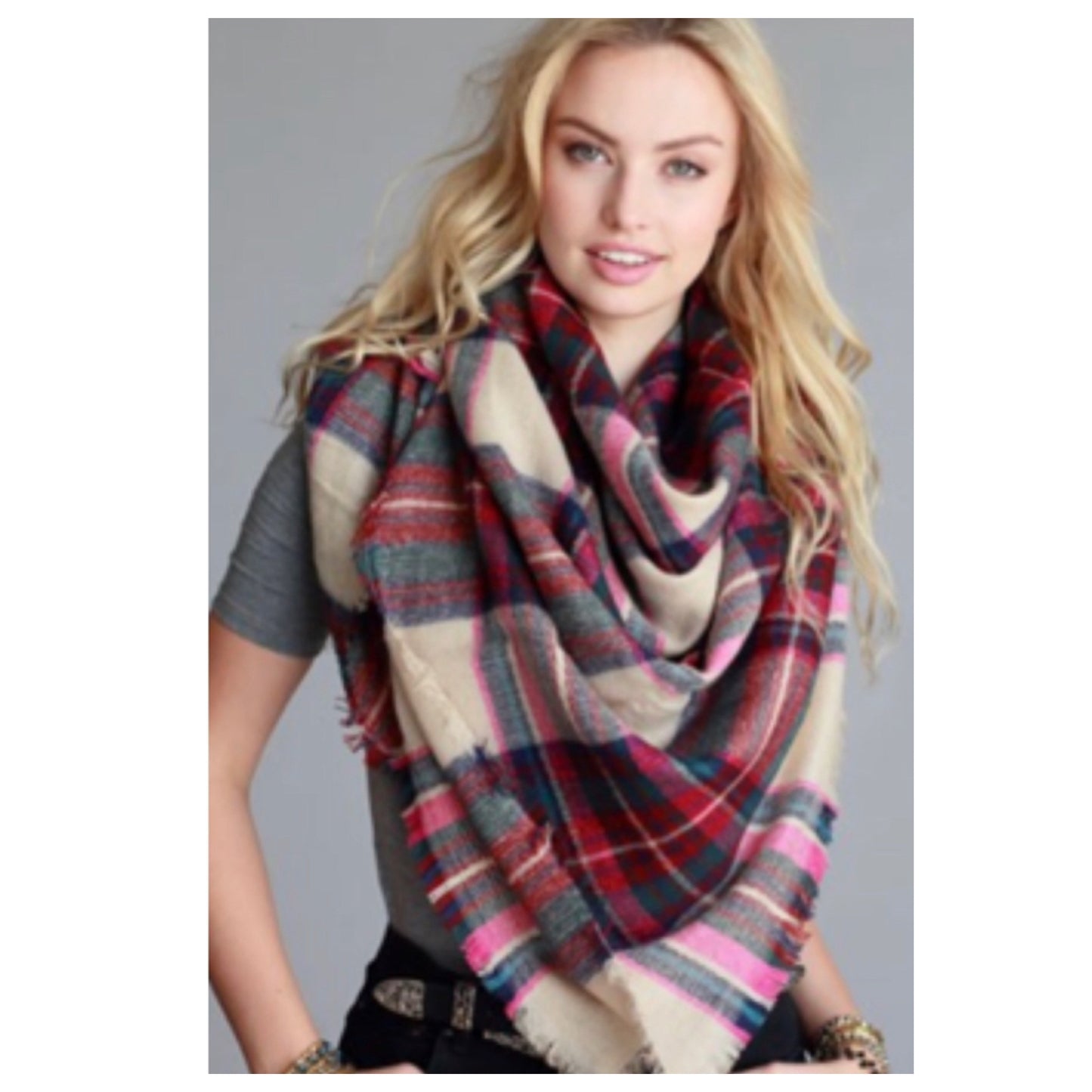 Always in Style Fuchsia Beige Multi Tone Plaid Blanket Scarf-Shawl-Wrap