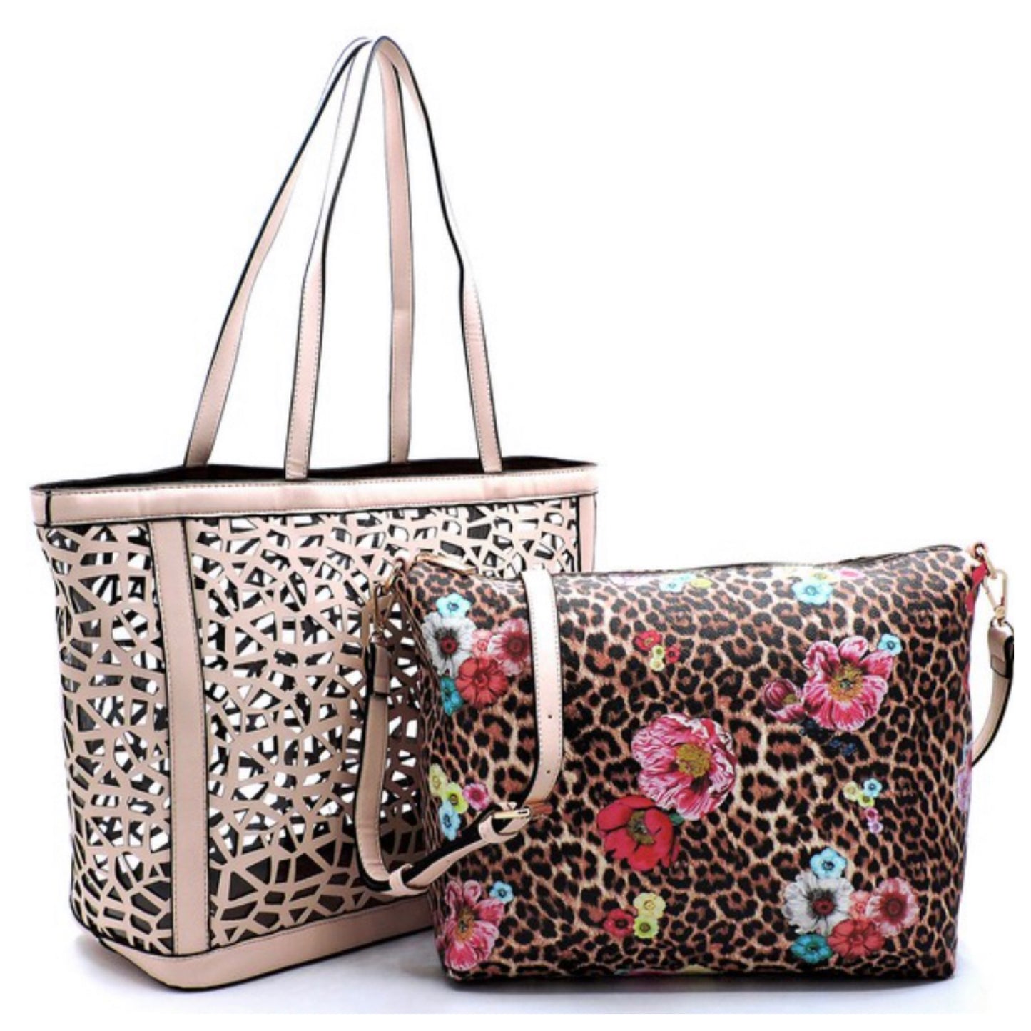 2 in 1: Laser Cut Out Beige Leather Shopper and Leopard Cross Body Bag-Purse-Tote